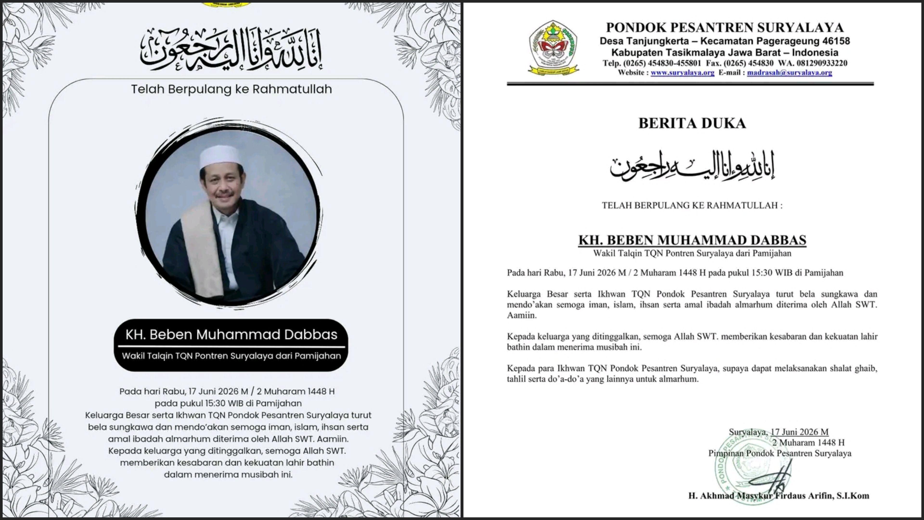 Duka Selimuti TQN Suryalaya Tasikmalaya, Wakil Talqin KH Beben Muhammad Dabbas Wafat