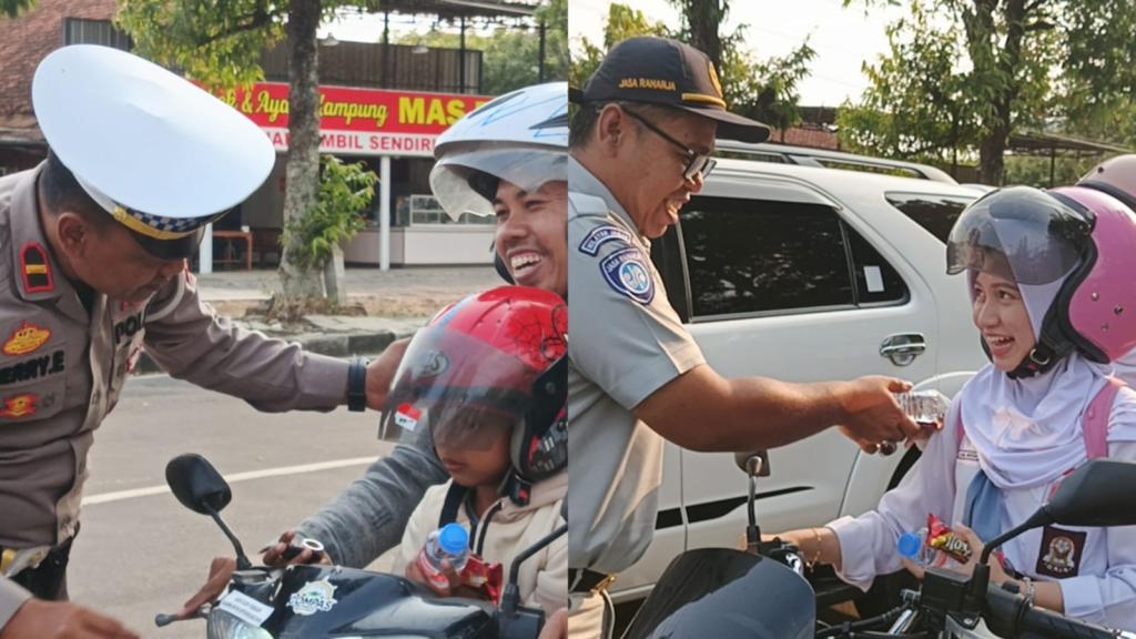 Apresiasi Pengendara Taat Aturan, Satlantas Polres Ciamis dan Jasa Raharja Bagikan Makanan Ringan