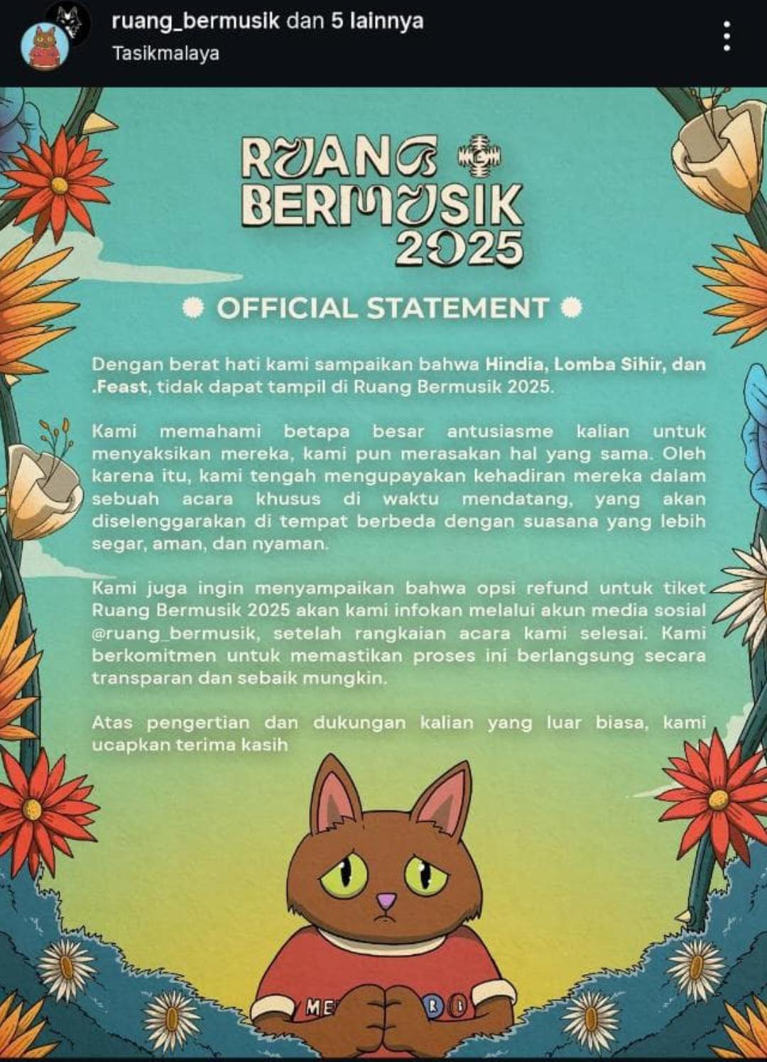 Setelah Hindia dan Lomba Sihir, Kini Feast Batal Tampil di Ruang Bermusik, Promotor Minta Maaf dan Opsi Refund Tiket