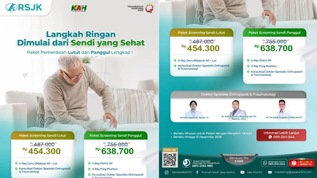 RS Jasa Kartini Hadirkan Paket Screening Sendi Lutut dan Panggul dengan Layanan Dokter Spesialis Orthopaedi dan Traumatologi