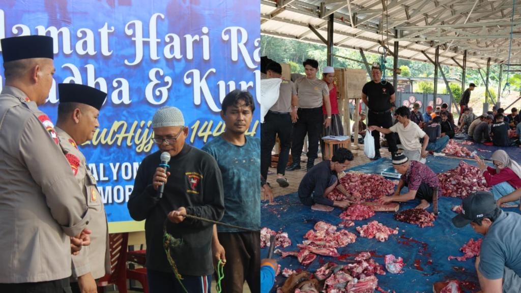 Wujud Kebersamaan dengan Warga, Brimob Batalyon D Pelopor Sembelih 10 Sapi dan 10 Kambing Kurban di Cineam