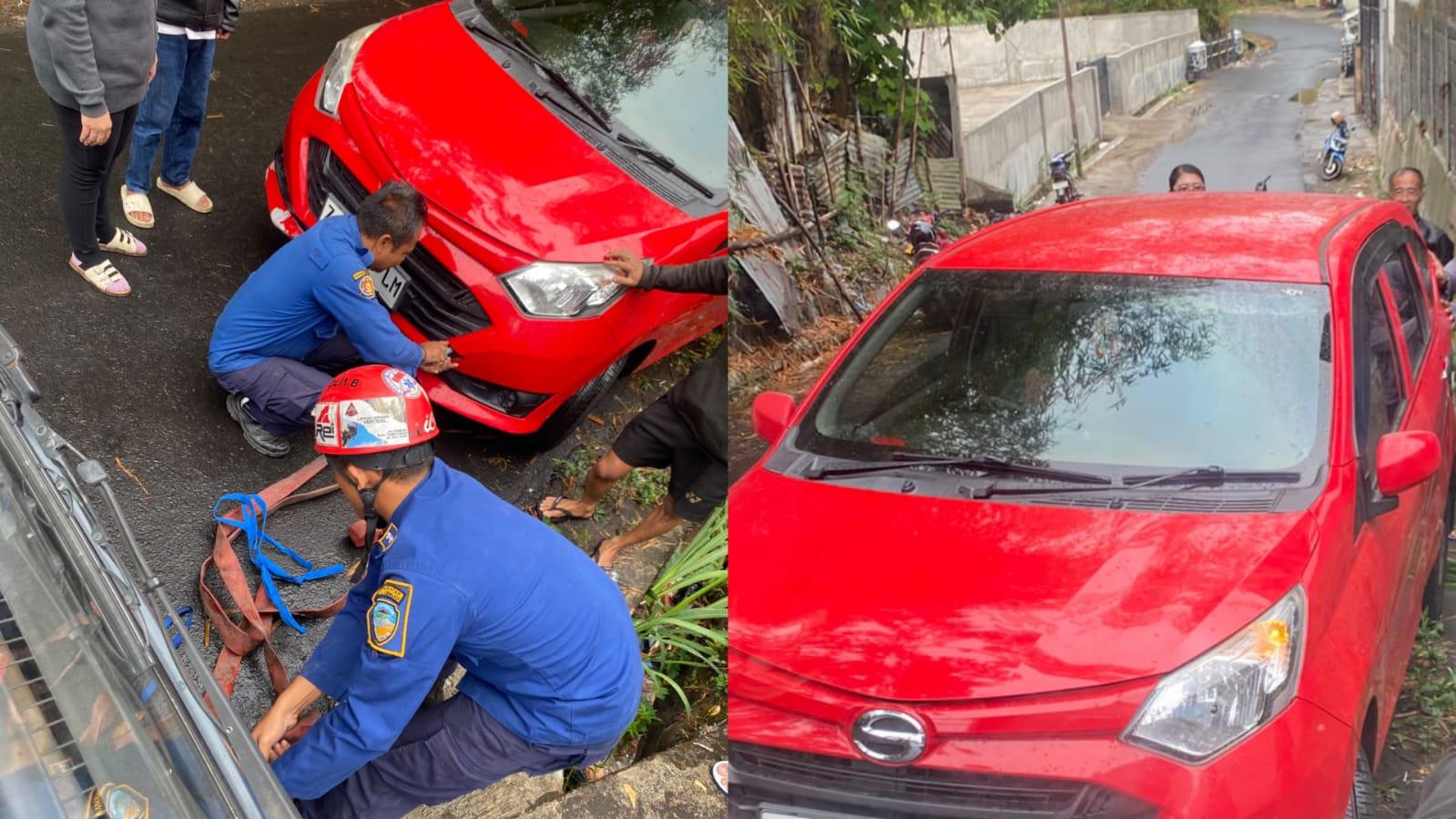 Hindari Tabrakan, Daihatsu Sigra Terperosok ke Parit di Bantarsari Tasikmalaya