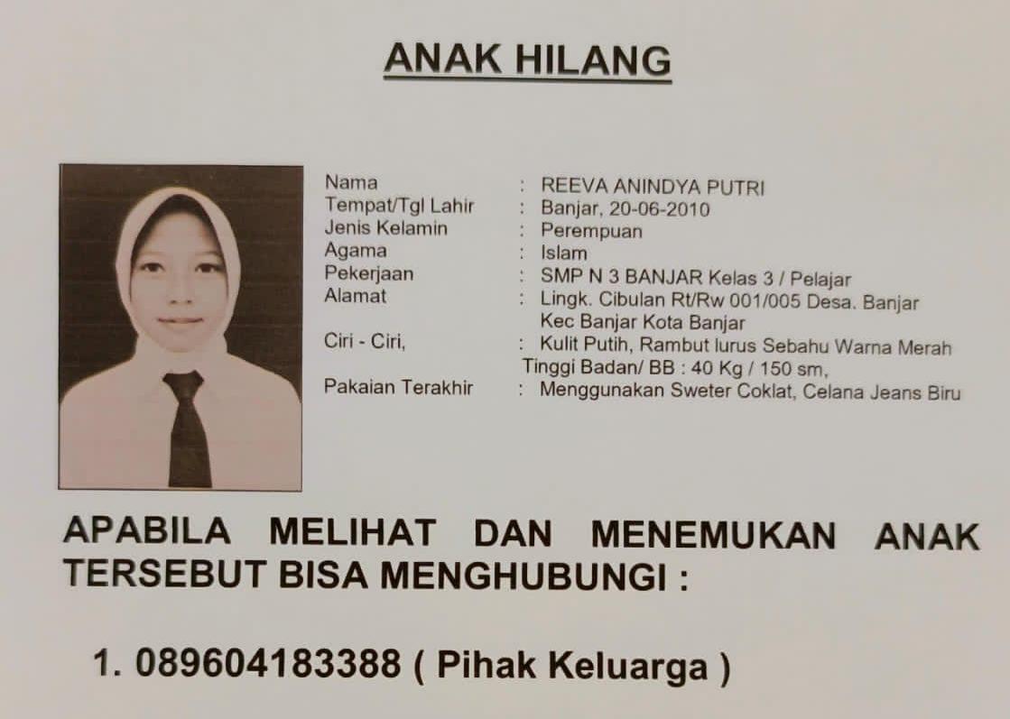 Remaja 14 Tahun di Kota Banjar Dilaporkan Hilang Sejak Akhir Februari