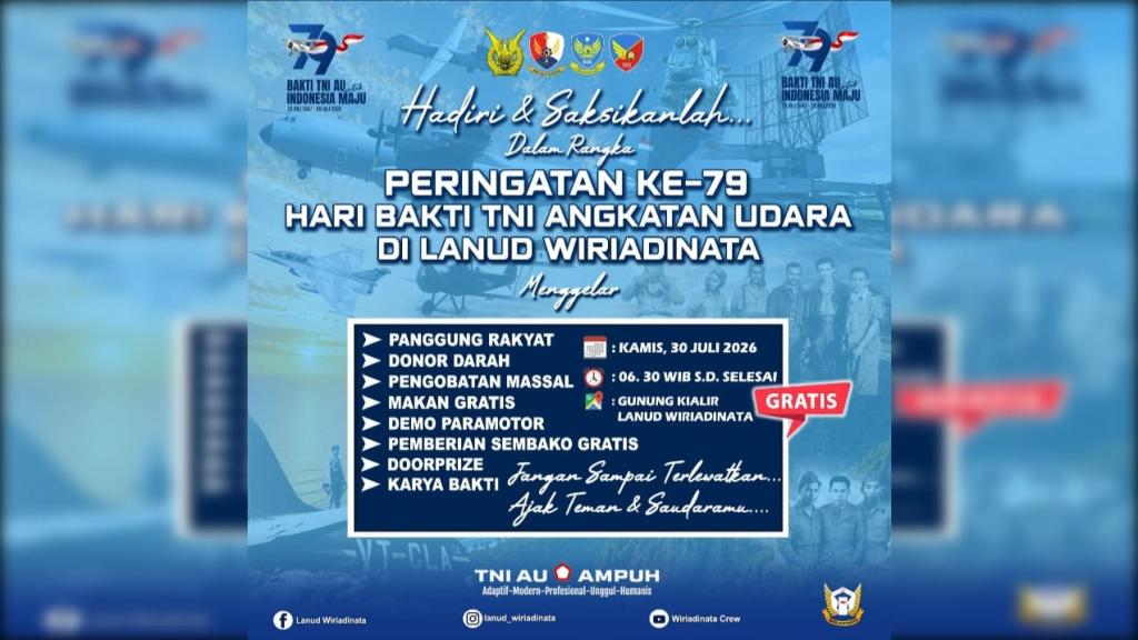 Sambut Hari Bakti Ke-79 TNI AU, Lanud Wiriadinata Gelar Panggung Rakyat Hingga Pengobatan Massal Gratis