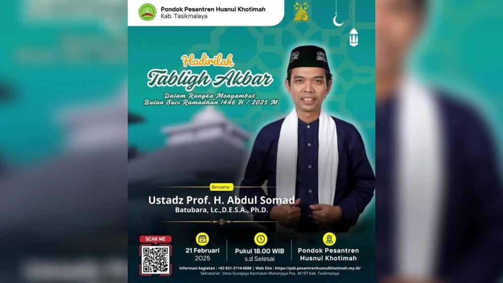 Ustaz Abdul Somad Akan Mengisi Tabligh Akbar di Ponpes Husnul Khotimah Manonjaya Tasikmalaya